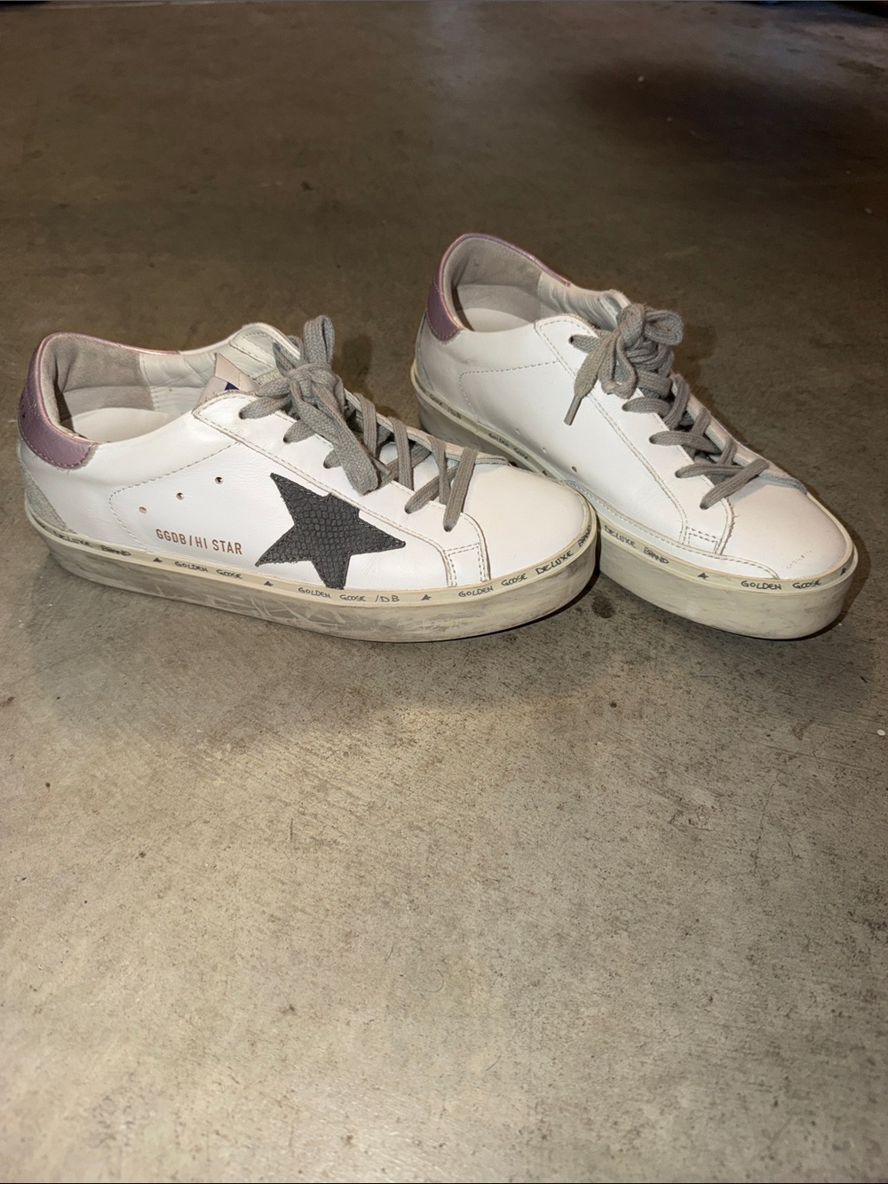 Golden Goose White Leather Sneakers with Gray Star and Pink Heel platform